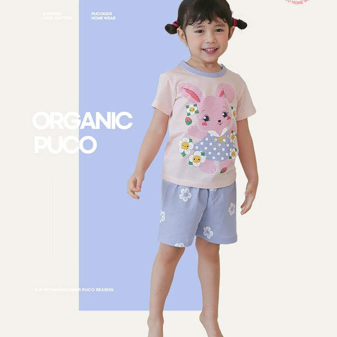 正韓 Puco - 超優質嬰幼兒/兒童短袖100% 有機棉家居服/睡衣-兔子花花