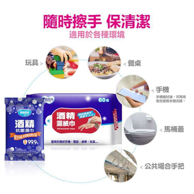 奈森克林 - 酒精抗菌濕紙巾-家用隨身貼心兩用-超值組-60抽*2包+20抽*6包