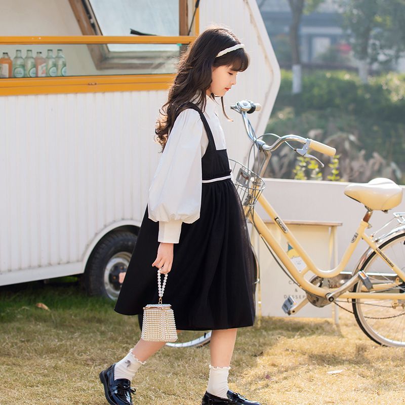 泡泡袖襯衫吊帶裙套裝-黑+白