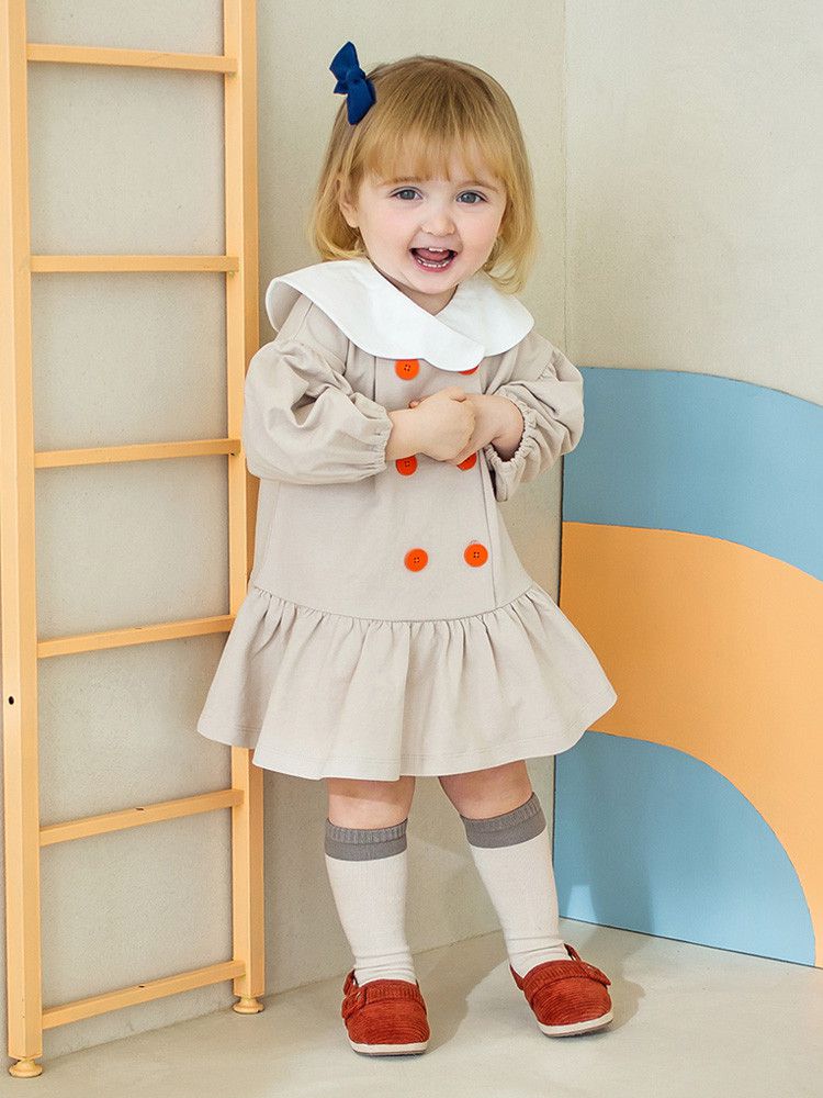 韓國 Pimpollo - 雲朵翻領鈕扣波浪洋裝-綠