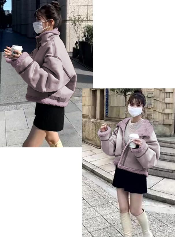 日本 GRL - 羊羔絨翻領短版騎士夾克/外套-粉紫 (F)