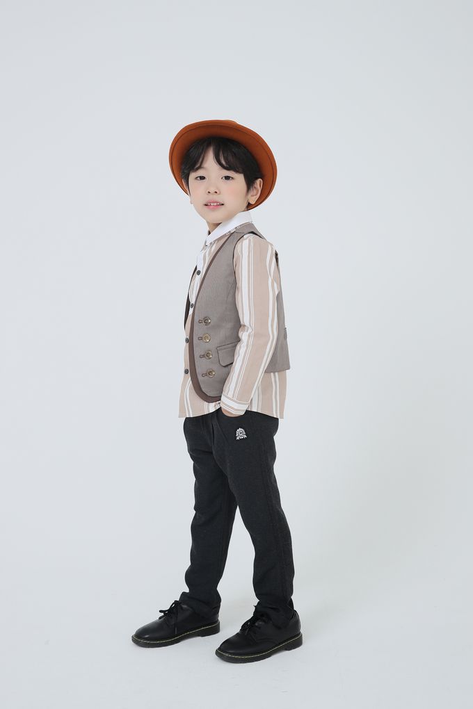 韓國 Coco Bang - 間隔條紋小口袋翻領長袖襯衫-灰