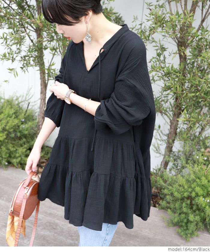 日本 COCA - 超寬鬆三層蛋糕前短後長長袖上衣-黑