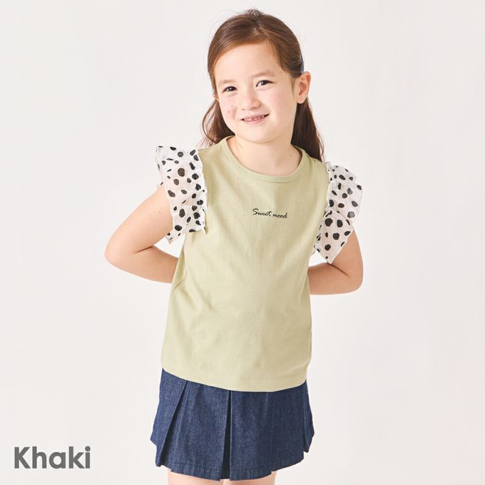 日本 evercloset - 100%棉 點點蕾絲短袖上衣-淺棕