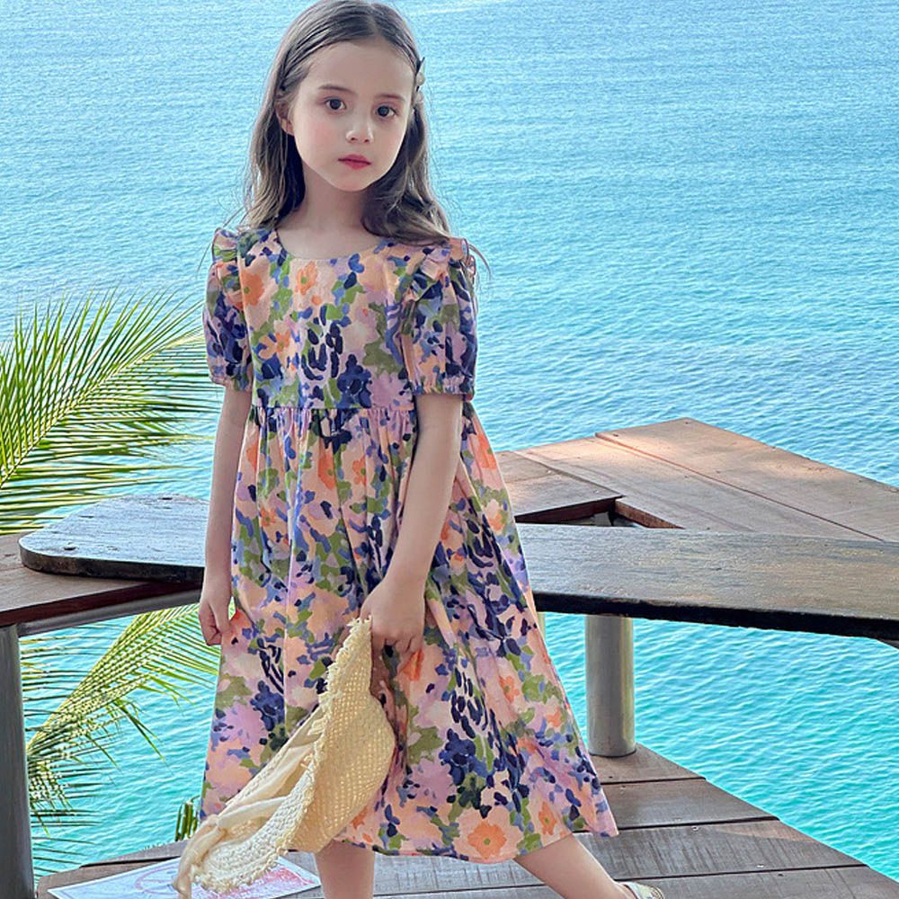 純棉法式浪漫小包袖洋裝-印花-粉紫色