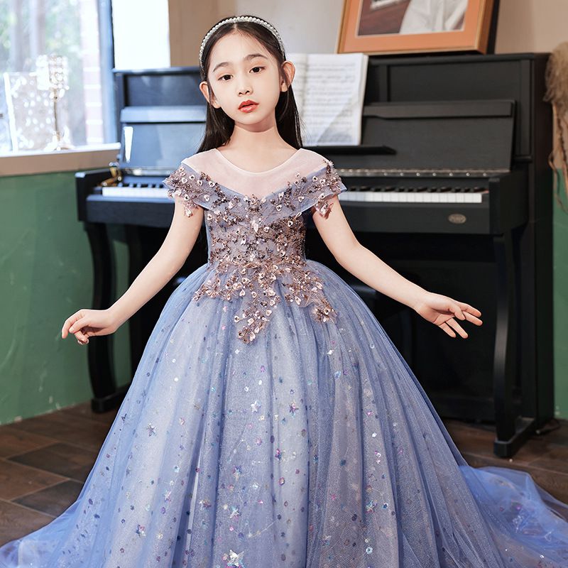 唯美星空卡肩式禮服-拖擺款-紫色