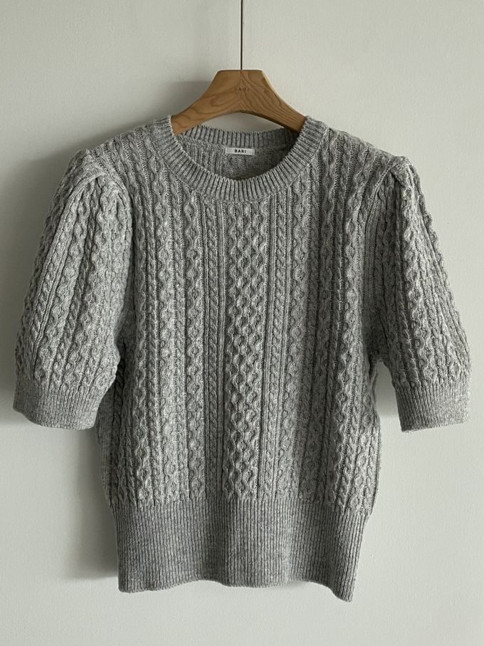 韓國女裝連線 - 麻花辮編織五分袖針織上衣-淺灰 (FREE)