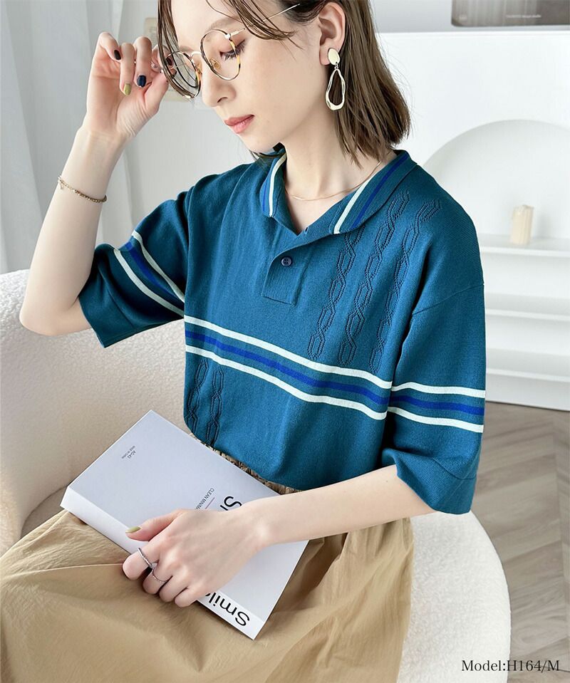 日本 Classical Elf - 翻領復古透氣短袖上衣-孔雀藍