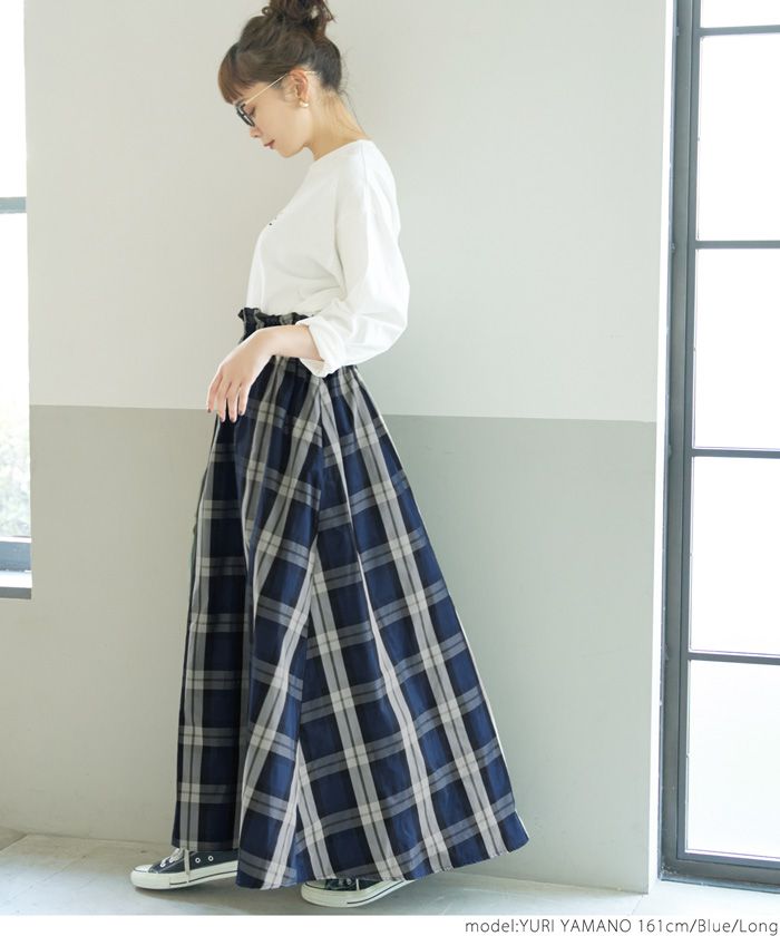 日本 COCA - 寬鬆格紋口袋長裙-咖啡 (［Long］長100cm)