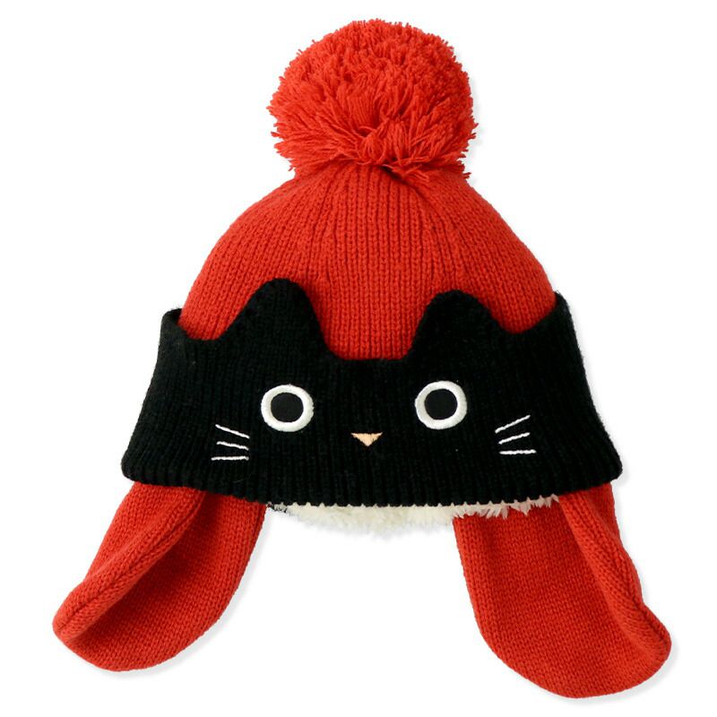 日本 ZOOLAND - 防寒刷毛保暖針織毛帽-小貓條紋撞色-粉x橘 (頭圍(50-54cm))