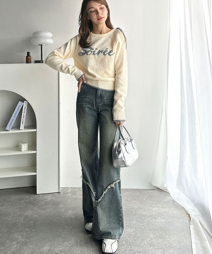 日本 Classical Elf - mily bilet 露肩綁帶唯美文字針織上衣-咖啡