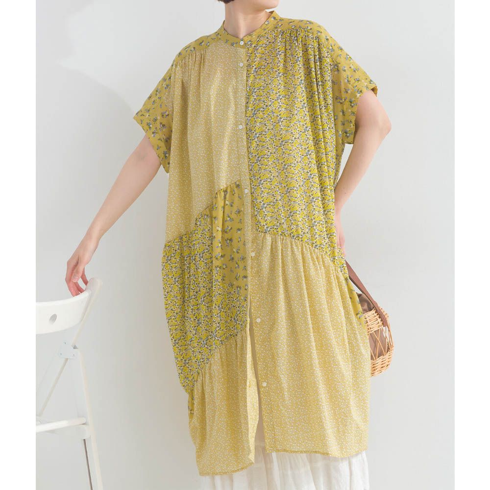 純棉巴里紗花朵拼布襯衫式洋裝-黃