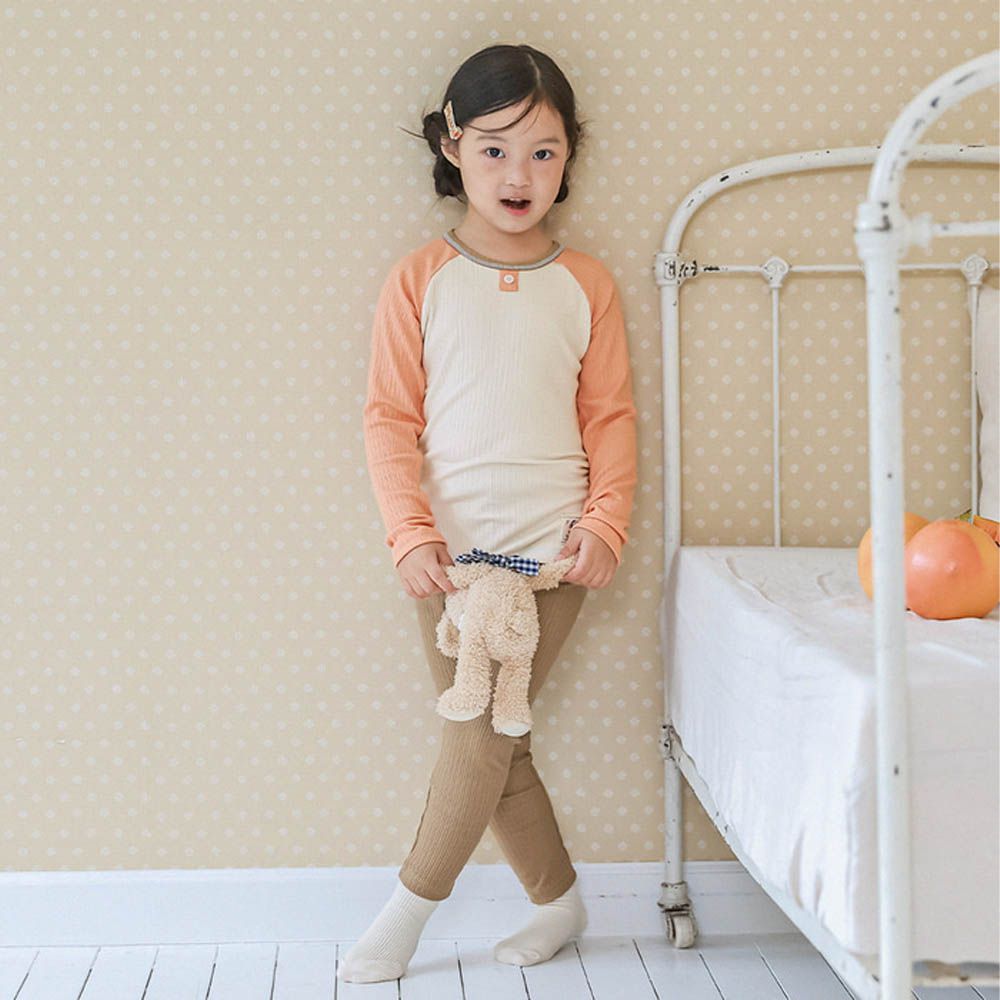 莫代爾親膚坑條羅紋彈力微厚長袖家居服-珊瑚橘X米X拿鐵