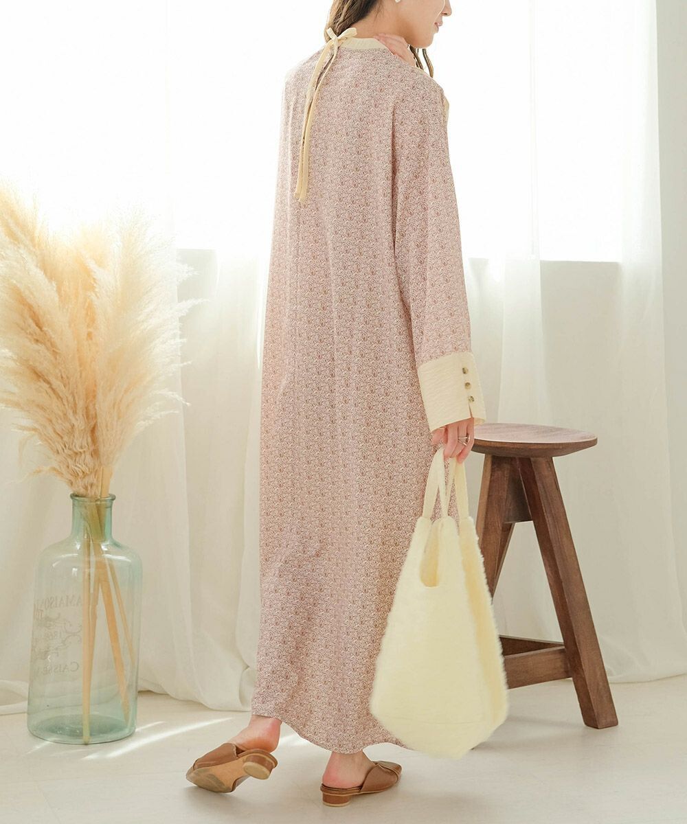 日本 Bab - 歐風碎花圓領雪紡洋裝-春日粉