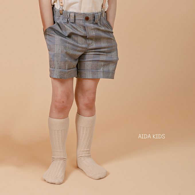 韓國 AIDA - 鬆緊腰紳士格紋反摺短褲-灰紫