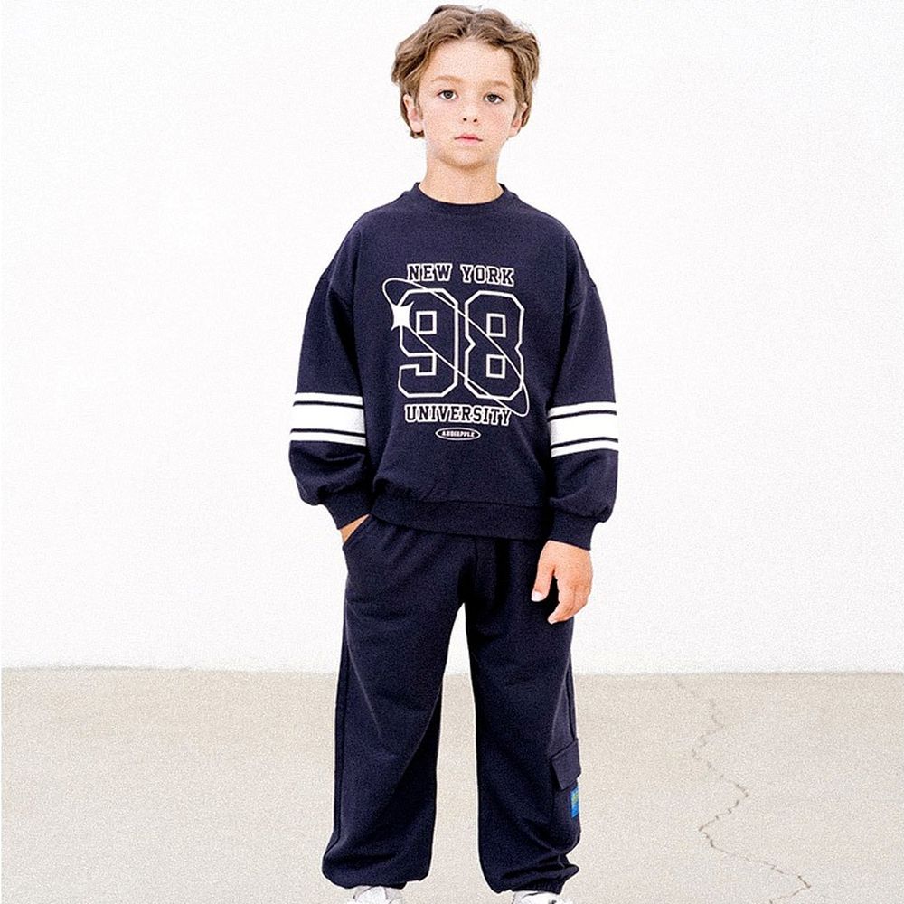 數字98圖案休閒長袖套裝-海軍藍