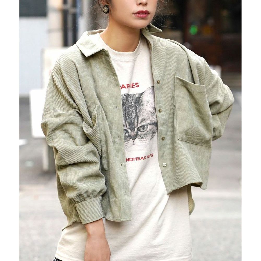 日本 zootie - 莫蘭迪燈芯絨短版襯衫外套-薄荷綠