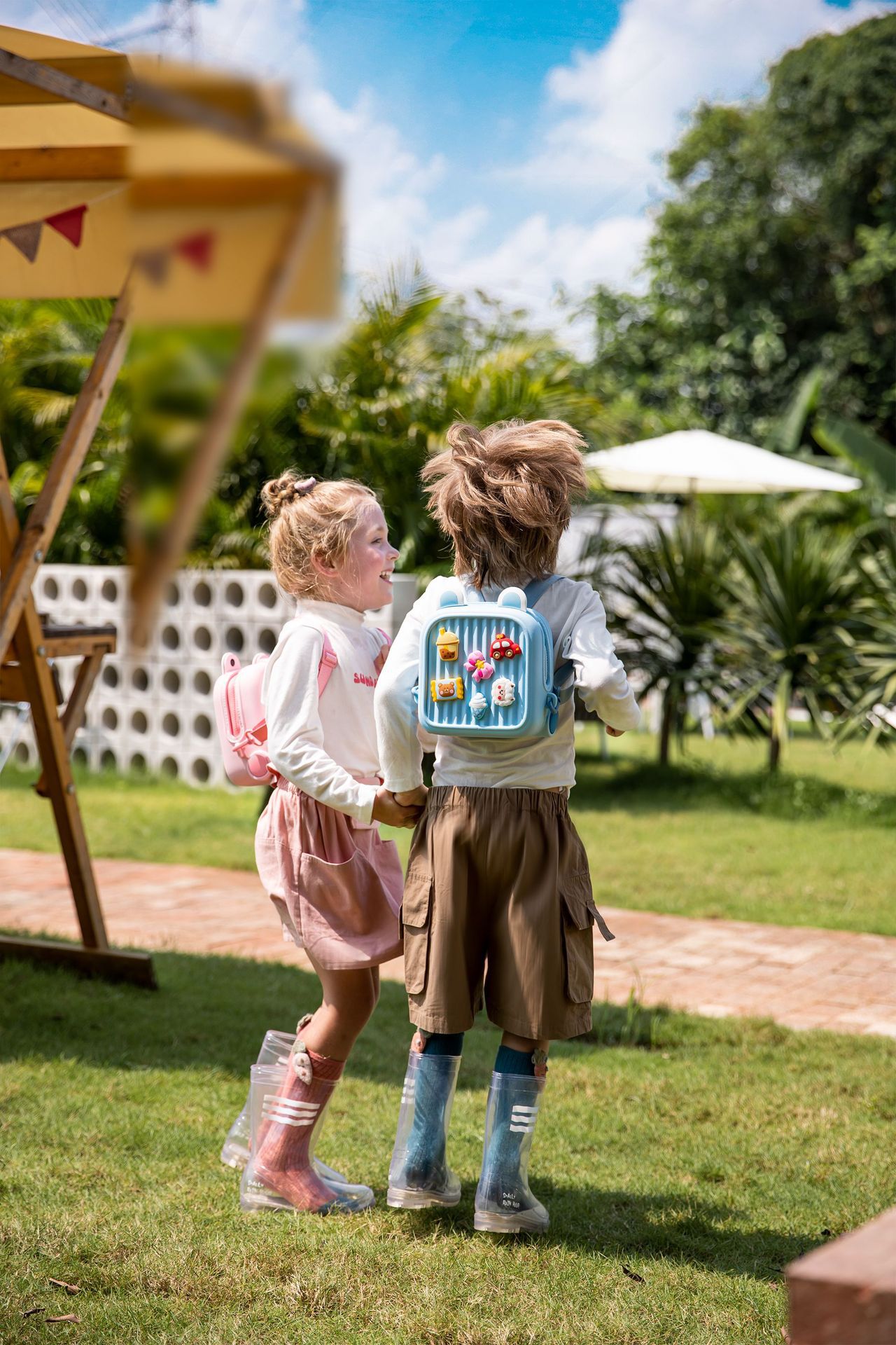 卡通DIY可拆式兒童後背包/小方包-珍珠奶茶+車車-綠色 (20.8x9.9x21.2cm)