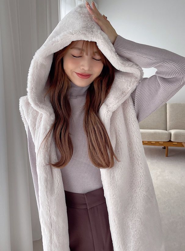 日本 GRL - 毛絨連帽背心x泡泡壓紋鋪棉外套兩件組-米杏 (F)