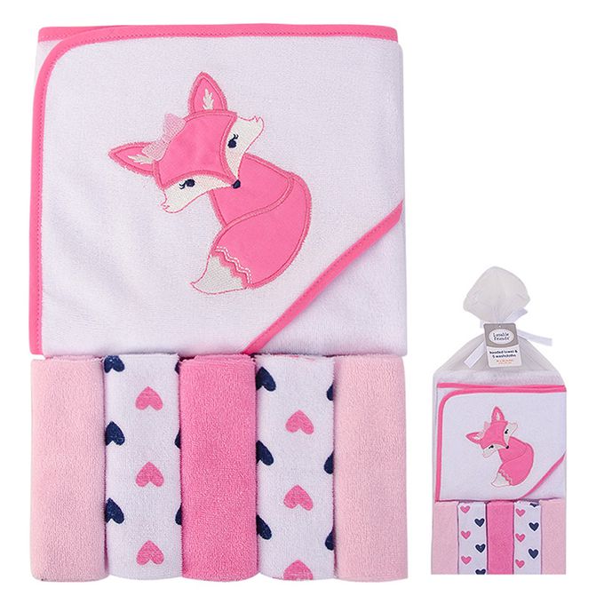 美國 Luvable Friends - 甜蜜寶貝嬰幼兒可愛動物連帽浴巾+小方巾/洗澡巾(共6入，送禮自用皆可)_76x76cm-狐狸甜心