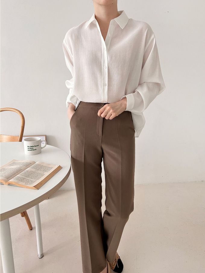 韓國女裝連線 - 質感薄透長袖翻領襯衫-白 (FREE)