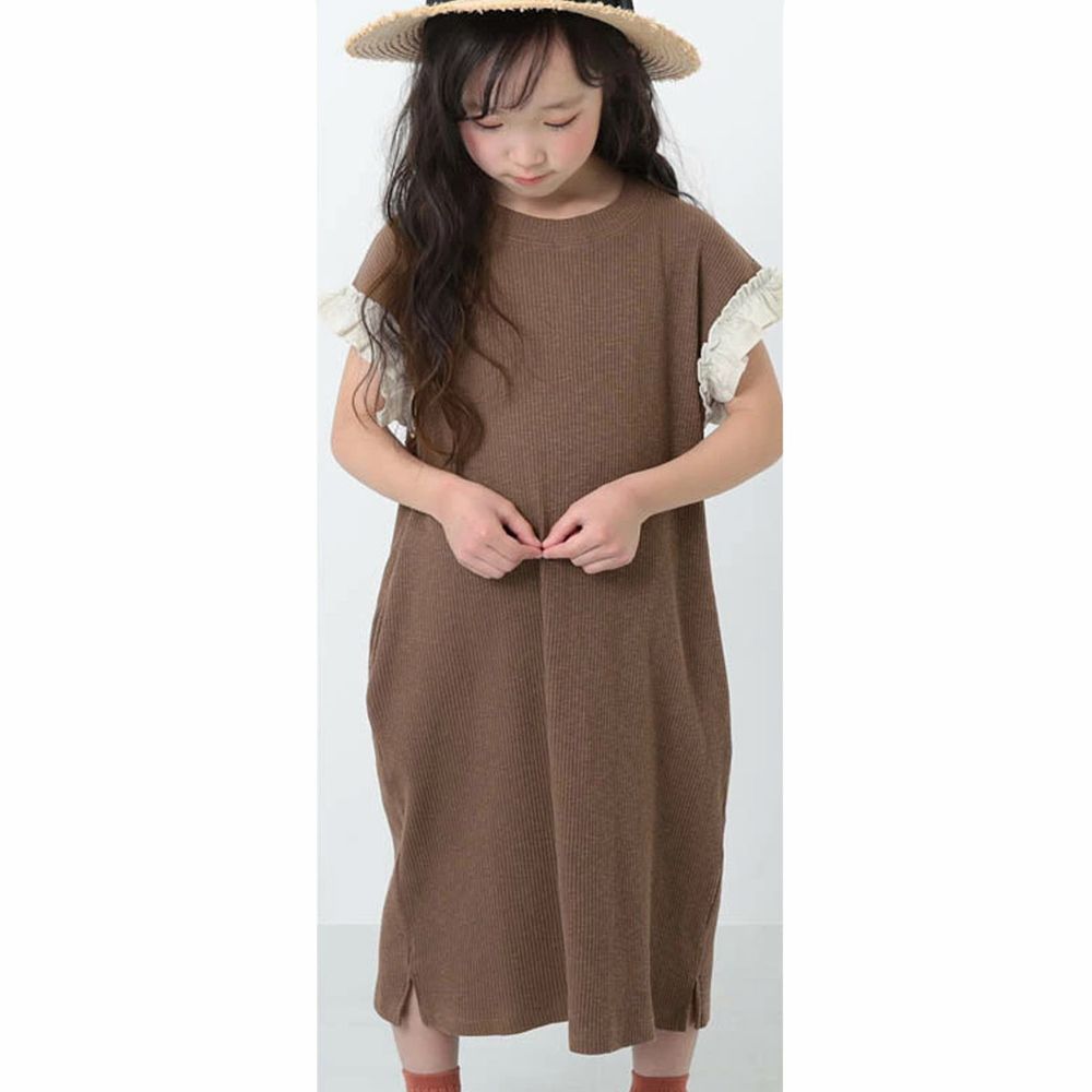 日本 devirock - 純棉 荷葉袖口純色圓領短袖洋裝-摩卡棕
