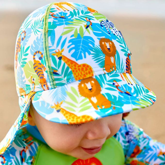 英國 JoJo Maman BeBe - 嬰幼兒/兒童泳裝戲水UPF50+防曬護頸遮陽帽-叢林探險
