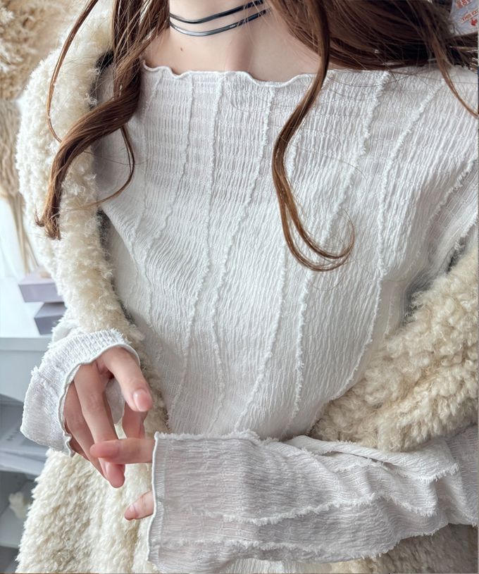 日本 Classical Elf - 奢華羽毛感緹花長袖上衣-米黃