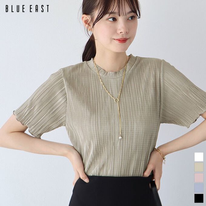 日本 BLUE EAST - 韓國製 圓領輕盈細摺光澤短袖上衣-白 (M)