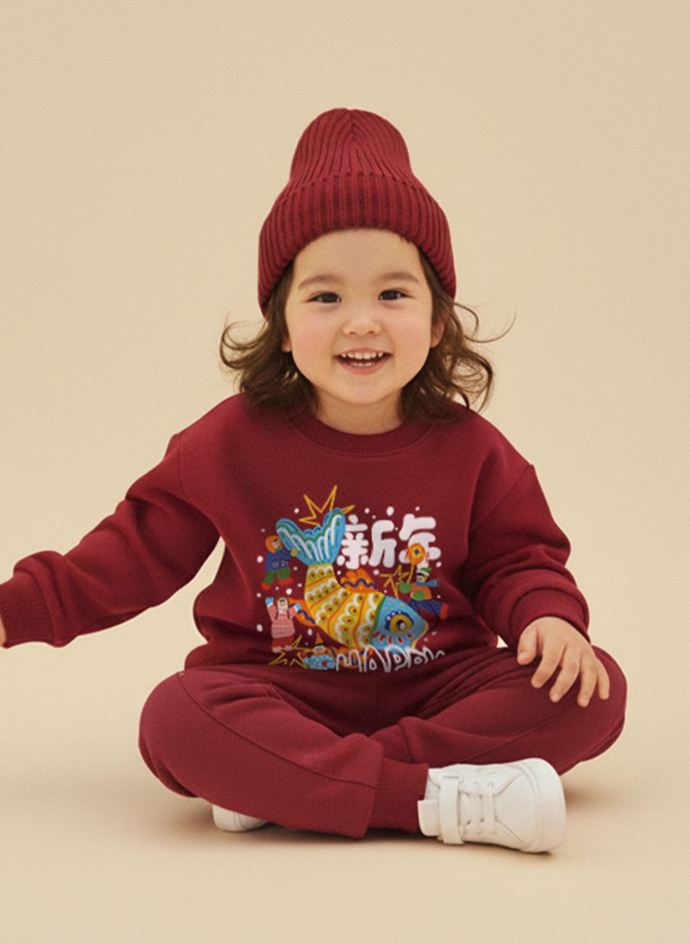 內刷絨長袖上衣+長褲套裝-新年快樂-紅色