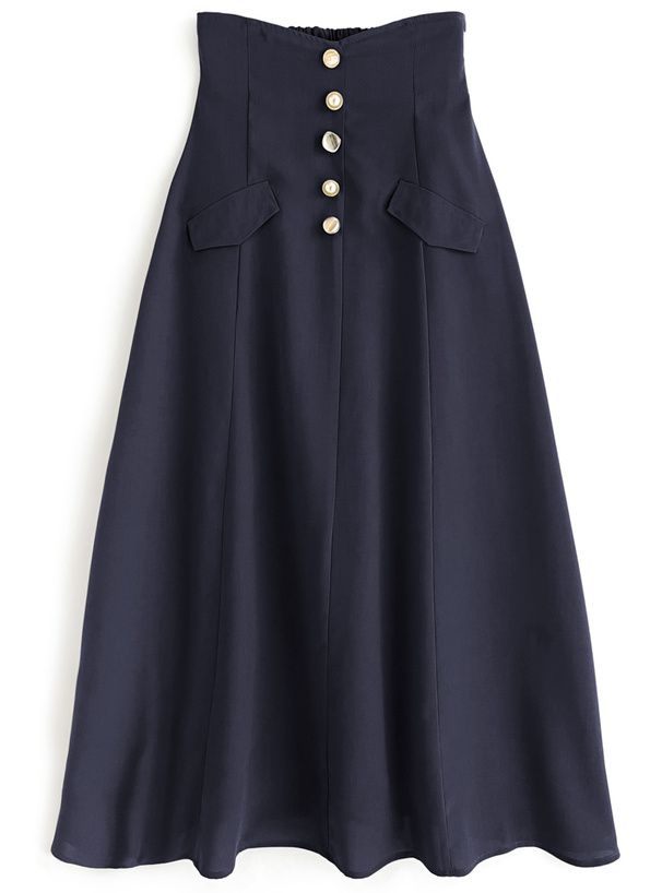 日本 GRL - 奧黛莉赫本金釦修身長裙-海軍藍