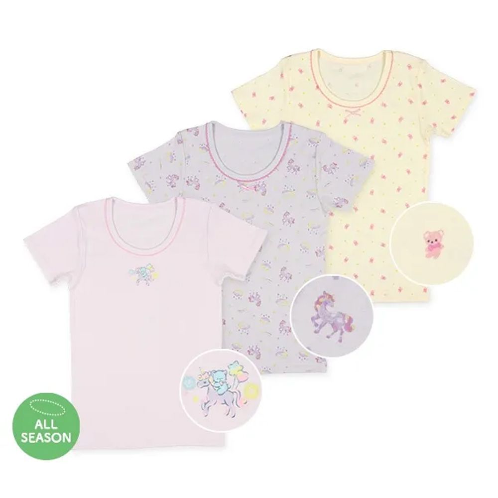 純棉 舒適內搭短袖上衣(3件組)-獨角獸&小熊-粉紫黃