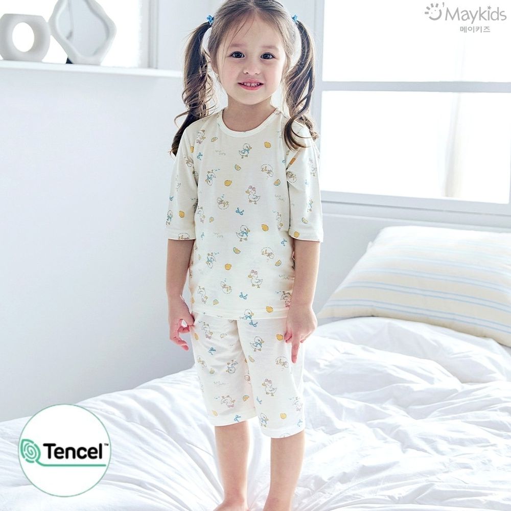 天絲莫代爾透氣七分袖家居服-黃萊姆鴨鴨-米