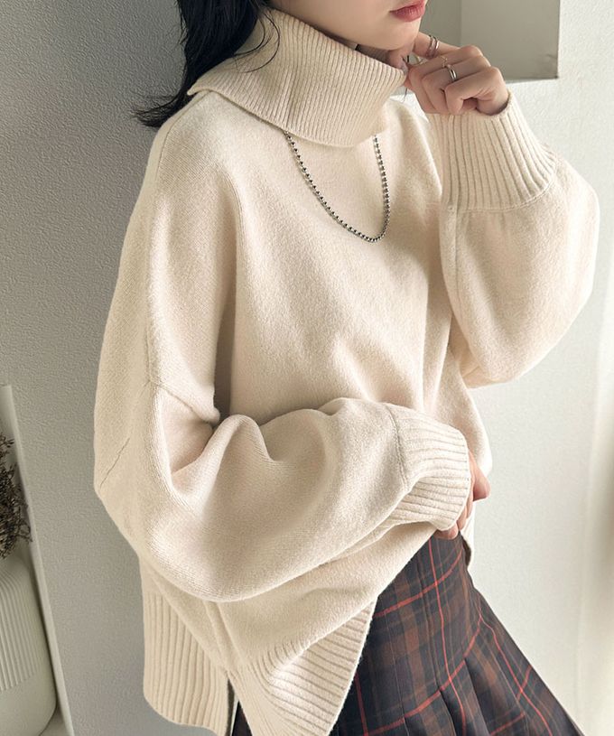 日本 Classical Elf - 氣質簡約開叉高領毛衣-象牙白