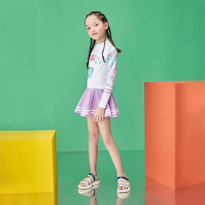 女寶運動風長袖連身裙泳衣-數字37-紫+白