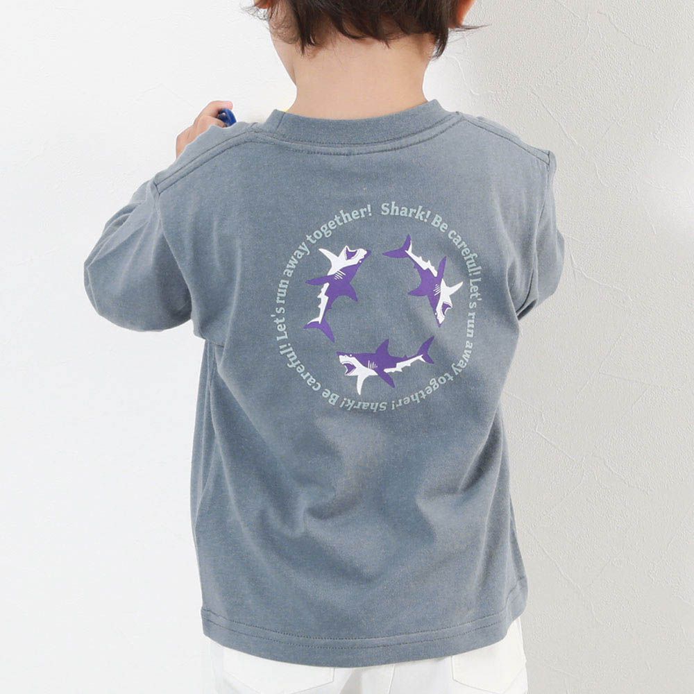 100%棉 定番印花長袖上衣-鯊魚圈圈-灰藍