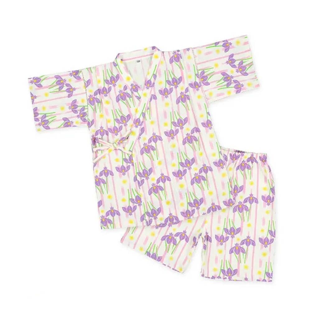 100%棉 夏季限定甚平短袖套裝-鳶尾花-白x紫