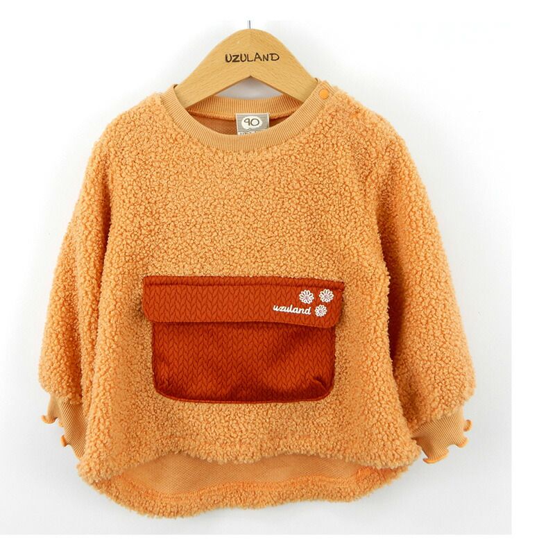 日本 ZOOLAND - 圓領泰迪熊刷毛長袖上衣-百寶袋-淺灰杏