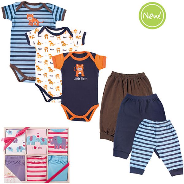 美國 Luvable Friends - 甜蜜寶貝嬰幼兒包屁衣與長褲最佳送禮 6入彌月禮盒組-粉色親親大象 (0-9M)