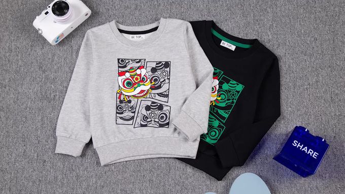 純棉圓領長袖上衣/大學T-舞龍舞獅-黑色