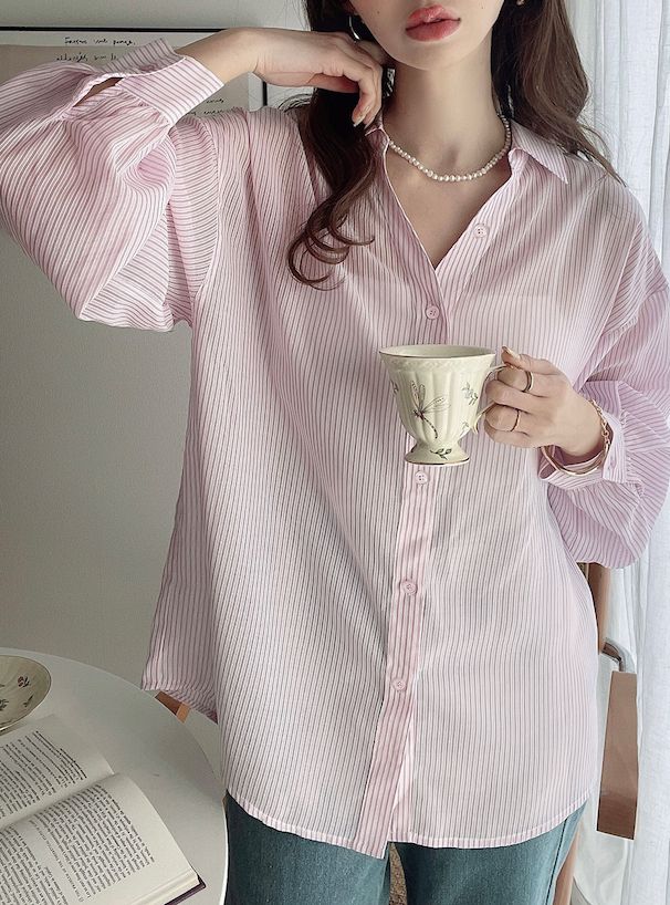 日本 GRL - 經典條紋長袖襯衫/薄外套-淺粉 (F)