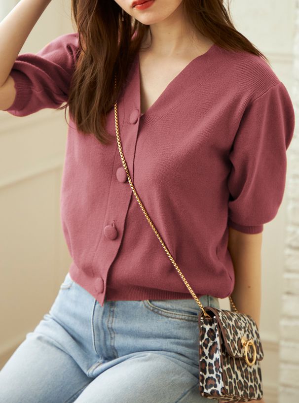 日本 GRL - 復古大圓釦V領五分袖針織上衣-焦糖棕