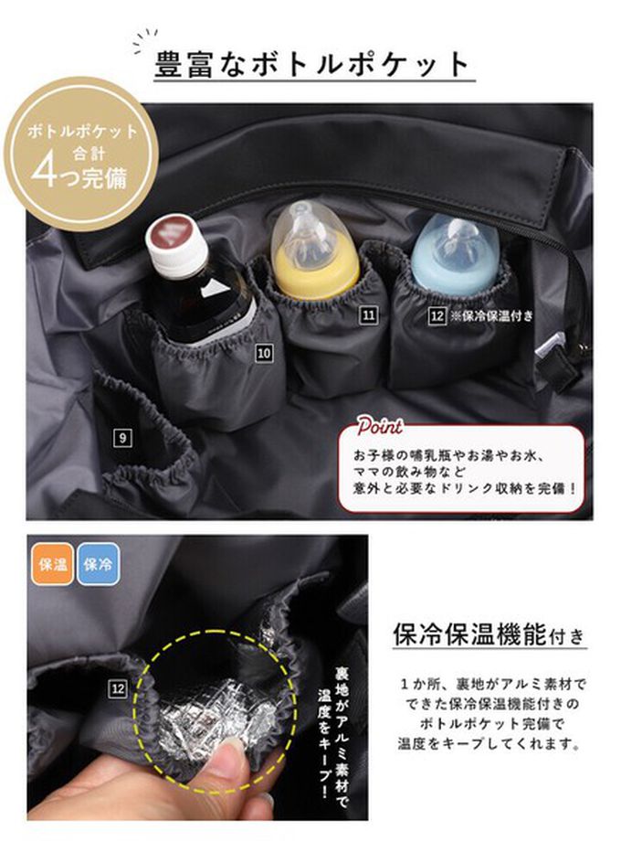 日本 LIZDAYS - 大容量12口袋絎縫防潑水媽媽包/側背包-卡其棕