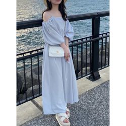 日本 GRL - 2WAY浪漫露肩收腰泡泡袖洋裝-水藍 (F)