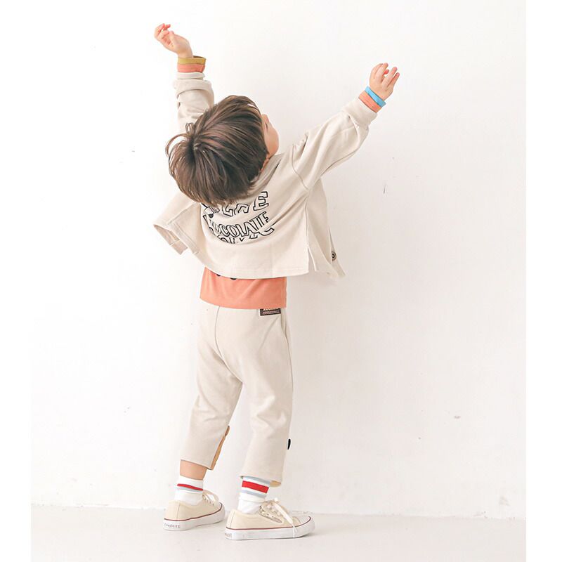 日本 ZOOLAND - 童趣印花拼接七分褲-立體耳朵-奶油杏