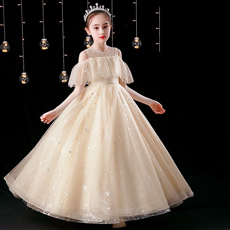 削肩式網紗亮片禮服-白色