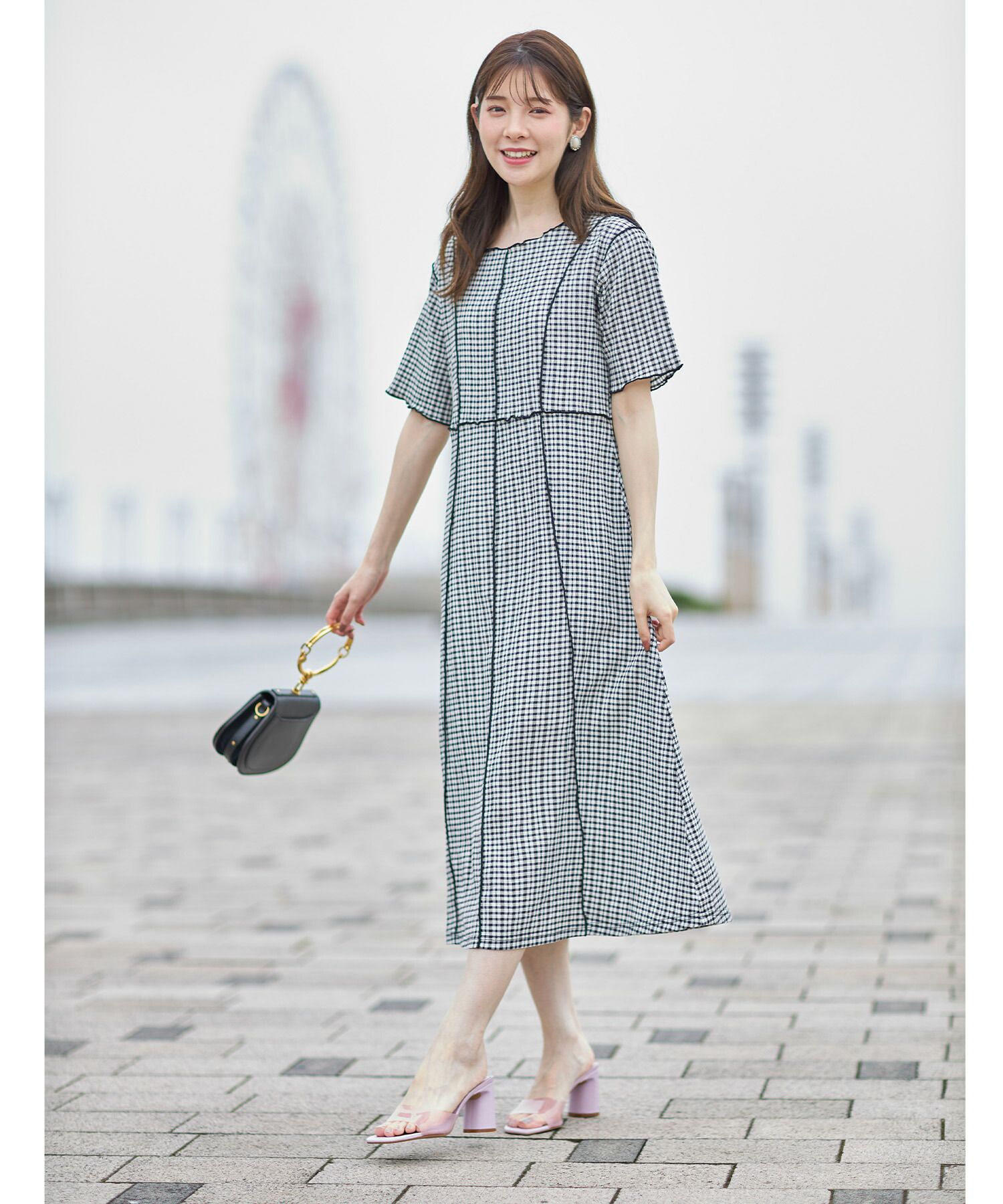 日本 tocco-closet - 修身線條五分袖洋裝-格紋-薄荷