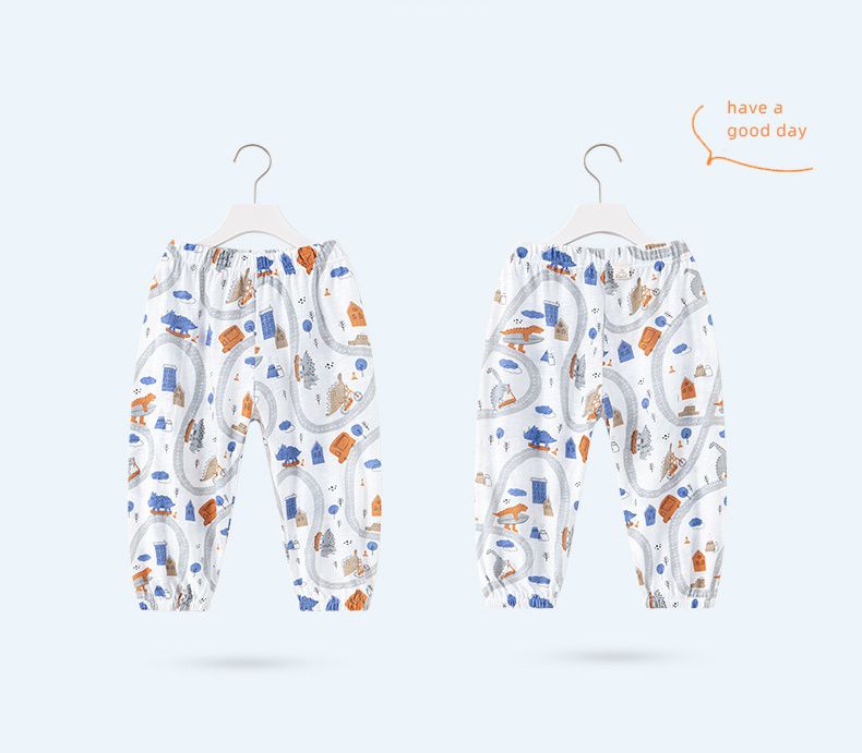 純棉束口長褲/防蚊褲-恐龍城鎮-白色