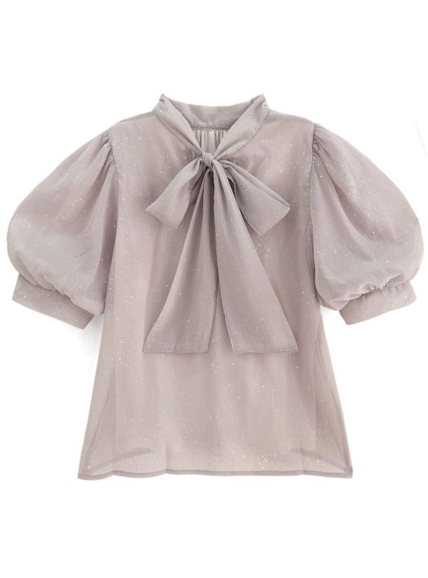 日本 GRL - 後綁帶柔美光澤雪紡泡泡袖上衣-香檳粉 (F)