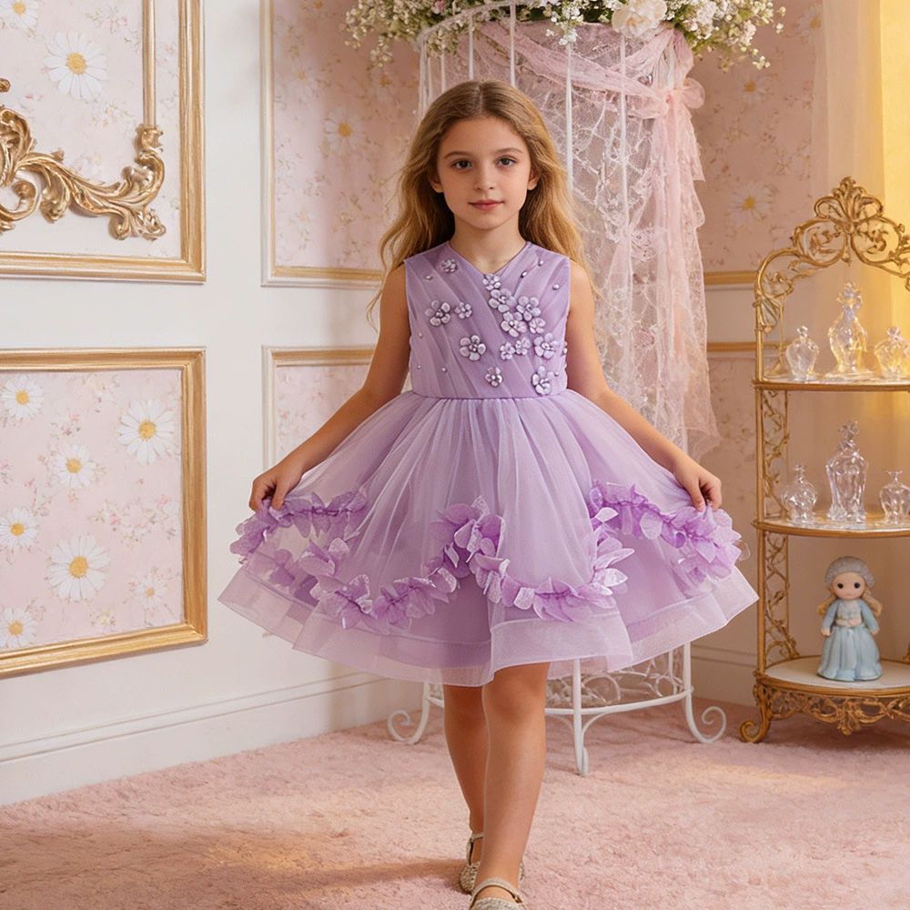 夢幻綴花珍珠點綴澎澎網紗禮服-紫色